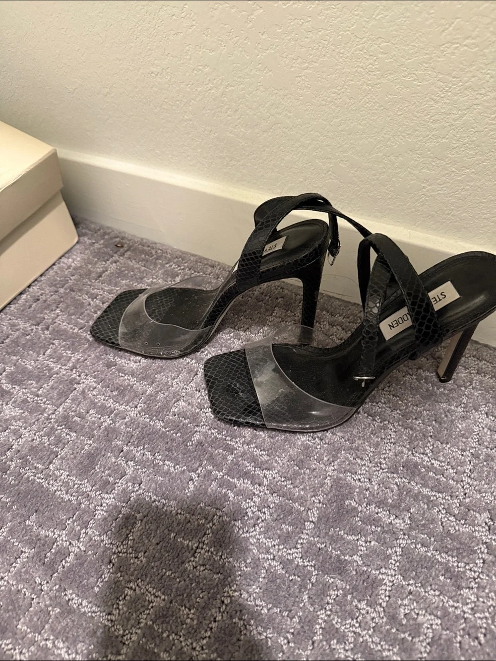Steve Madden Black Snake-Embossed Clear Strap Heels